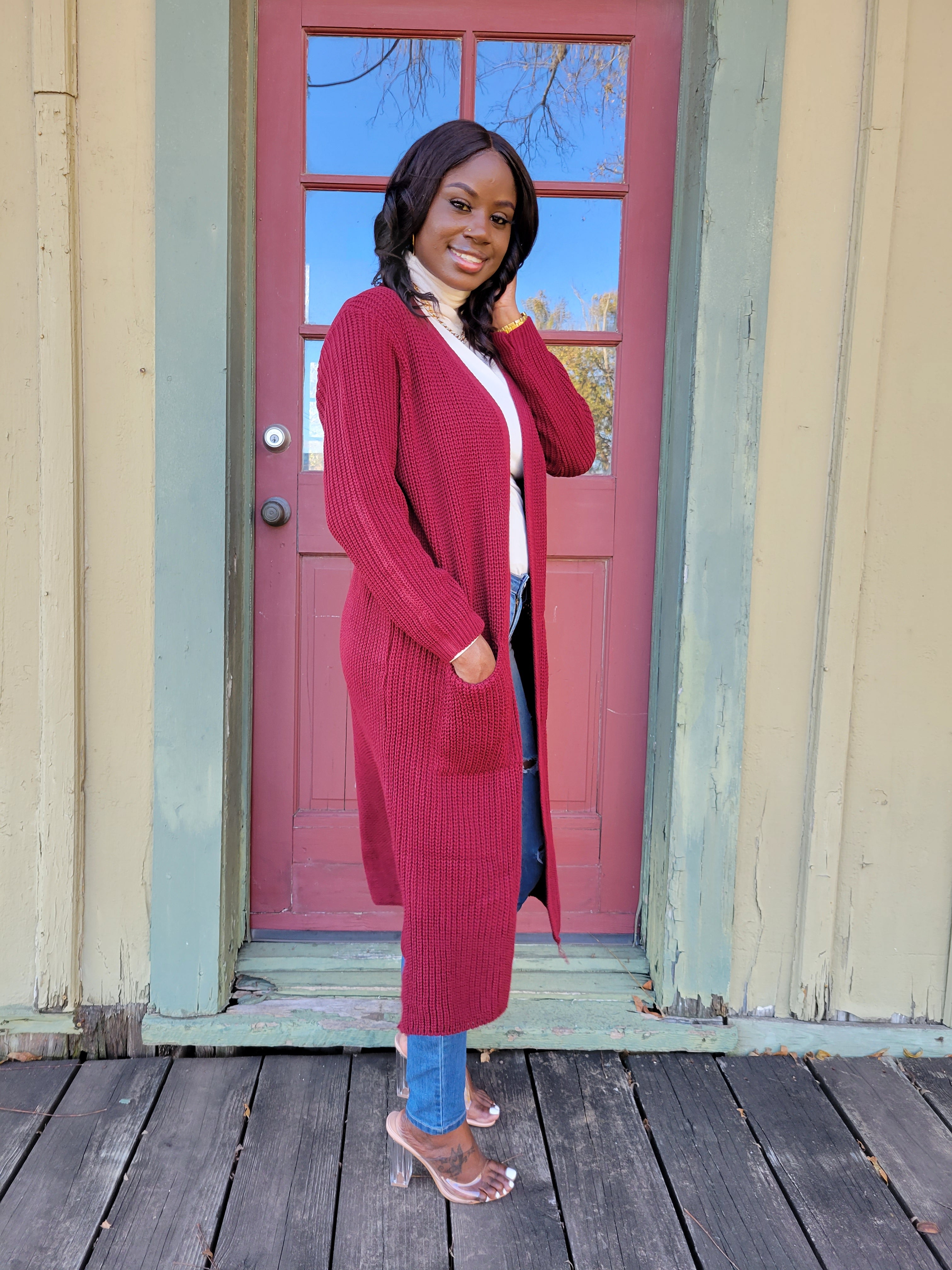 Burgundy long shop cardigan sweater